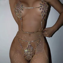 Bikini Sexy en strass pour femmes, chaîne de poitrine, soutien gorge en cristal scintillant, sous vêtements, harnais, discothèque, Lingerie érotique, ensemble Cosplay 