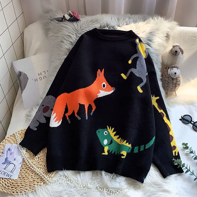 

Deeptown Cartoons Print Sweater Women 2020 Fashion Winter Clothes Long Sleeve Top Women Pullover Korean Loose Casual Sweater