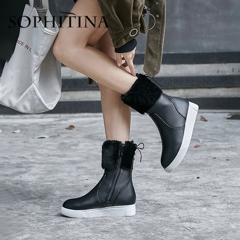 

SOPHITINA Winter Women's Boots Comfortable Wedge Very Warm New Solid Round Toe Shoes Lace-up Handmade Hot Sale Boots PO339