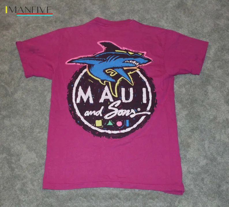 

Vintage 90s Clothing Maui and Sons Surfing Company Men Size Large or Oversized Womens Purple Retro Huge Logo Surf Print T Shirt