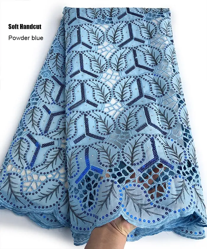 sky blue 5 ярдов, армейский зеленый, мягкий, ручной работы, органза, кружево, вырез, дырочка, африканская ткань с крупным кружевом, с блестками, нигерийская одежда для шитья - Цвет: sky blue