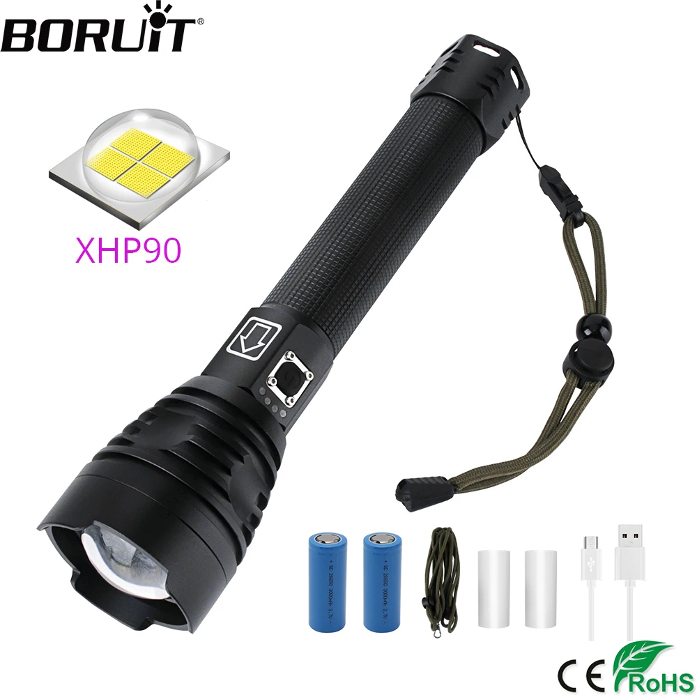 Супер мощный светодиодный фонарик BORUiT XHP90 перезаряжаемый с 3 режимами увеличения