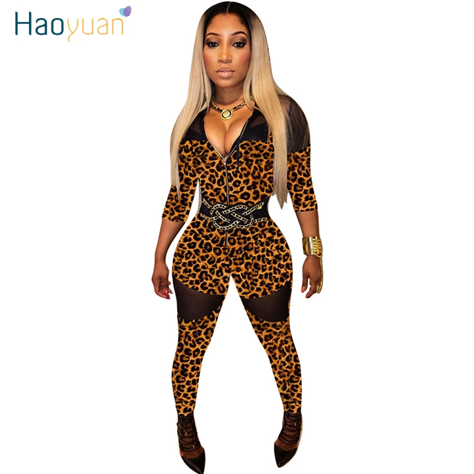 

HAOYUAN Sexy Leopard Snake Print Bodycon Jumpsuit Mesh Splice Club Body Overalls One Piece Long Sleeve Rompers Womens Jumpsuit