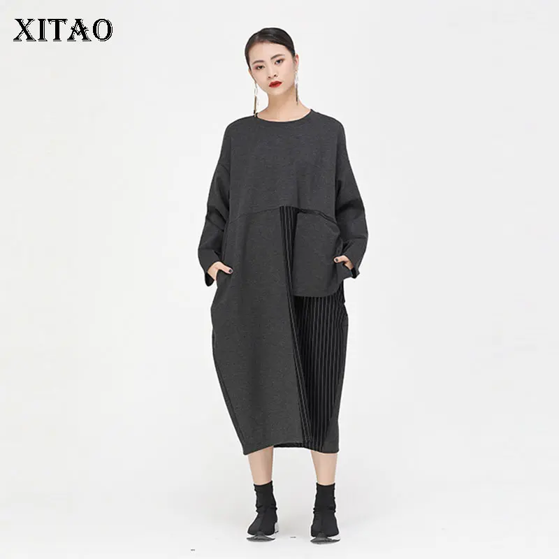 XITAO/винтажное платье в полоску с асимметричным карманом большие размеры