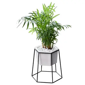 

Planter Pots Indoor Hexagon Modern Garden Ceramic Round Bowl with Metal Air Plant Stand for Succulent Planter Cactus (White + Bl