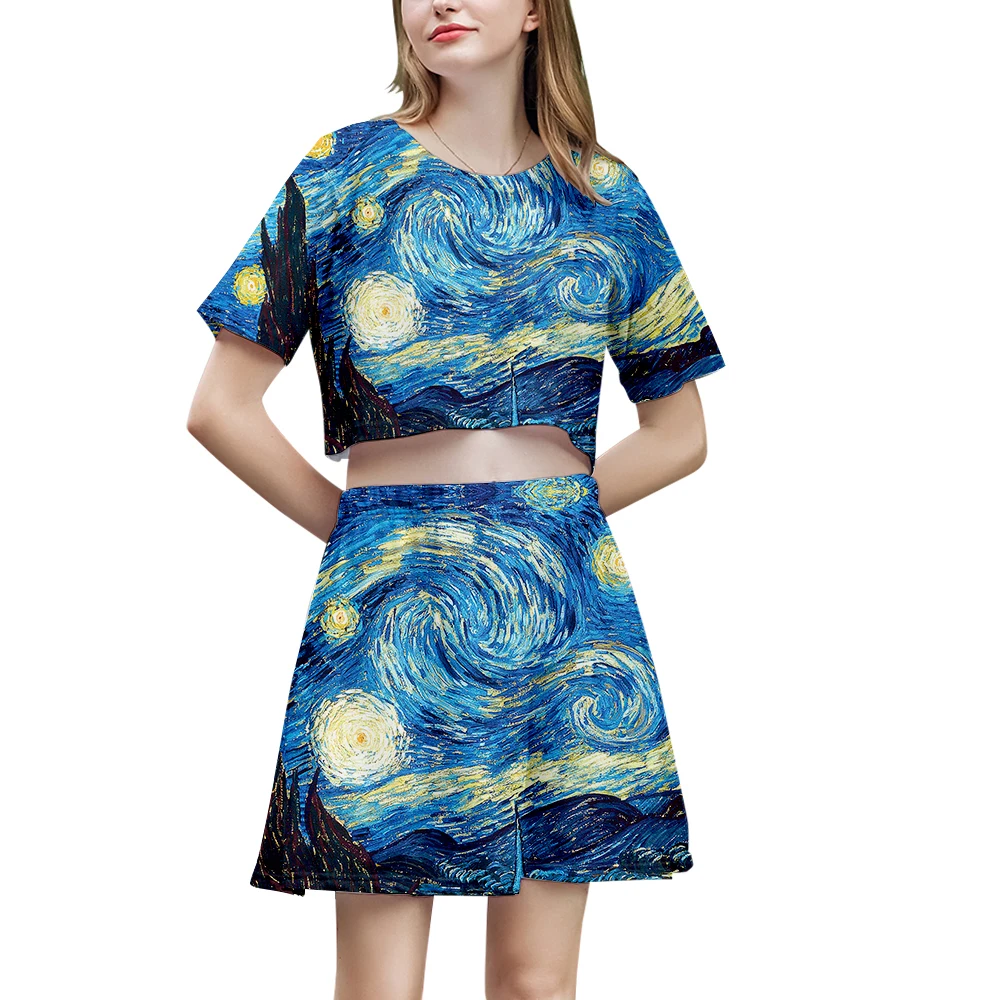 2019 Women Summer Dress World famous painting art Print Beach Dress   Loose Two-piece set Mini  Dress