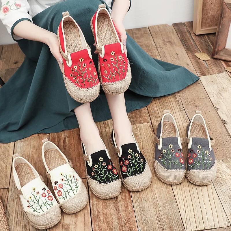 embroidery shoes folk embroidery sunflower women designer sneakers women Canvas Shoes Hemp Lazy Flats For womens half slippers