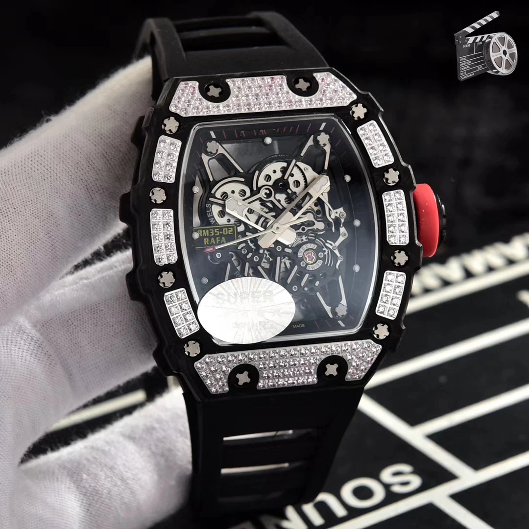 Black Silver Роскошные брендовые Новые Мужские автоматические механические Серебристые розовые золотые бриллианты ободок красные черные резиновые часы с Карбоновым волокном Ограниченная серия - Цвет: Black Silver