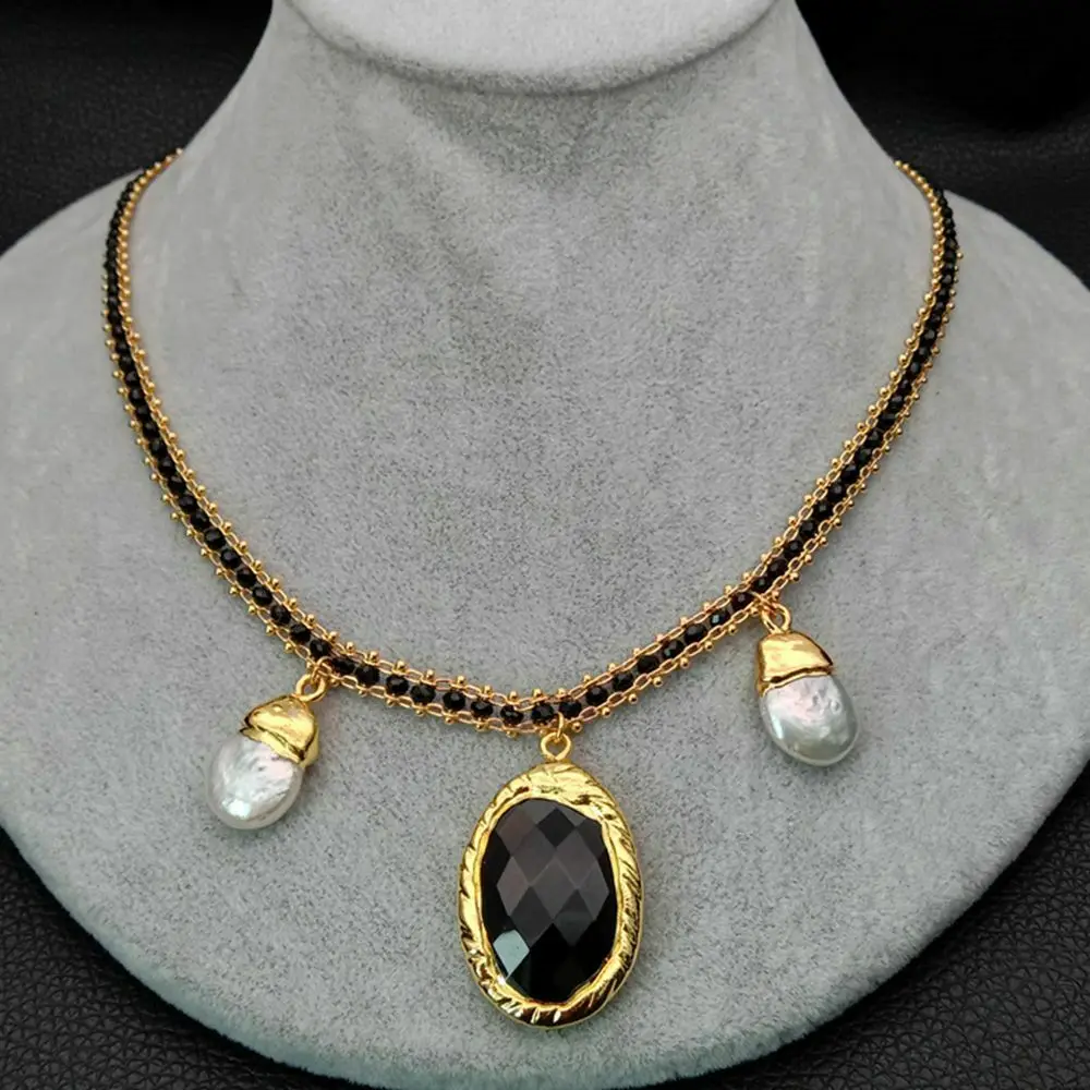 

19" Black Color Crystal Chain Necklace White Keshi Pearl Onyx Pendant