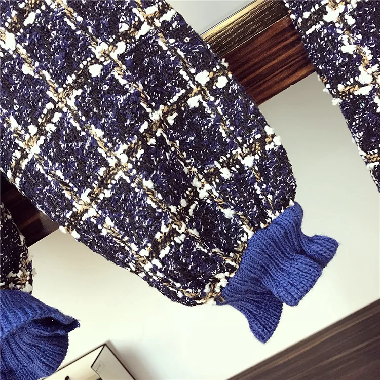 Осенне-зимний твидовый комплект из 2 предметов, полуводолазка, Лоскутные Топы с рюшами и шерстяные комплекты с юбкой, элегантный пуловер в клетку, комплект с юбкой