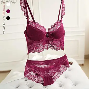 

Women's side gathering bra set plus size fashion lace underwear set thin cup push up sexy bra broadened