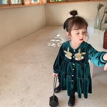 

2020 children clothing autumn new baby girl velvet dress embroidery rabbit Princess dress