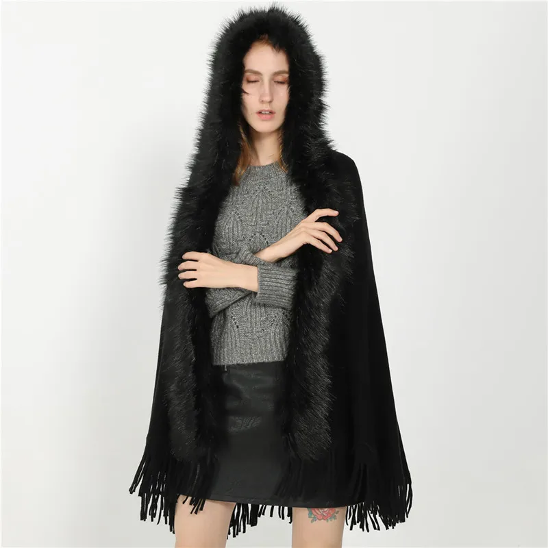 

2019 New Design Winter Warm Women Solid fur Ponchos And Capes with Cap Oversized Shawls Wraps Cashmere Female Bufanda