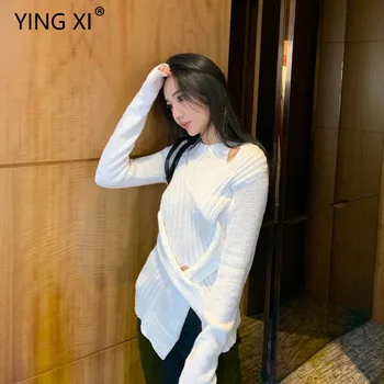

YING XI 2020 Spring O-neck Criss-Cross Long Sleeve Sweater Women Solid White And Black Pullovers Knit Office Lady Sweater