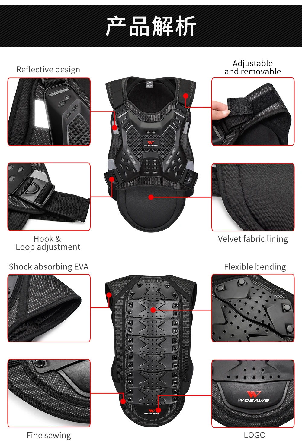 WOSAWE Motorcycle Armor Vest Adult Chest Back Protection Rider Motocross Off Road Spine Support Body Protective Gear Motorcycle Armor Motorcycle Body Armor Body Protector Motorcycle Armor Vest