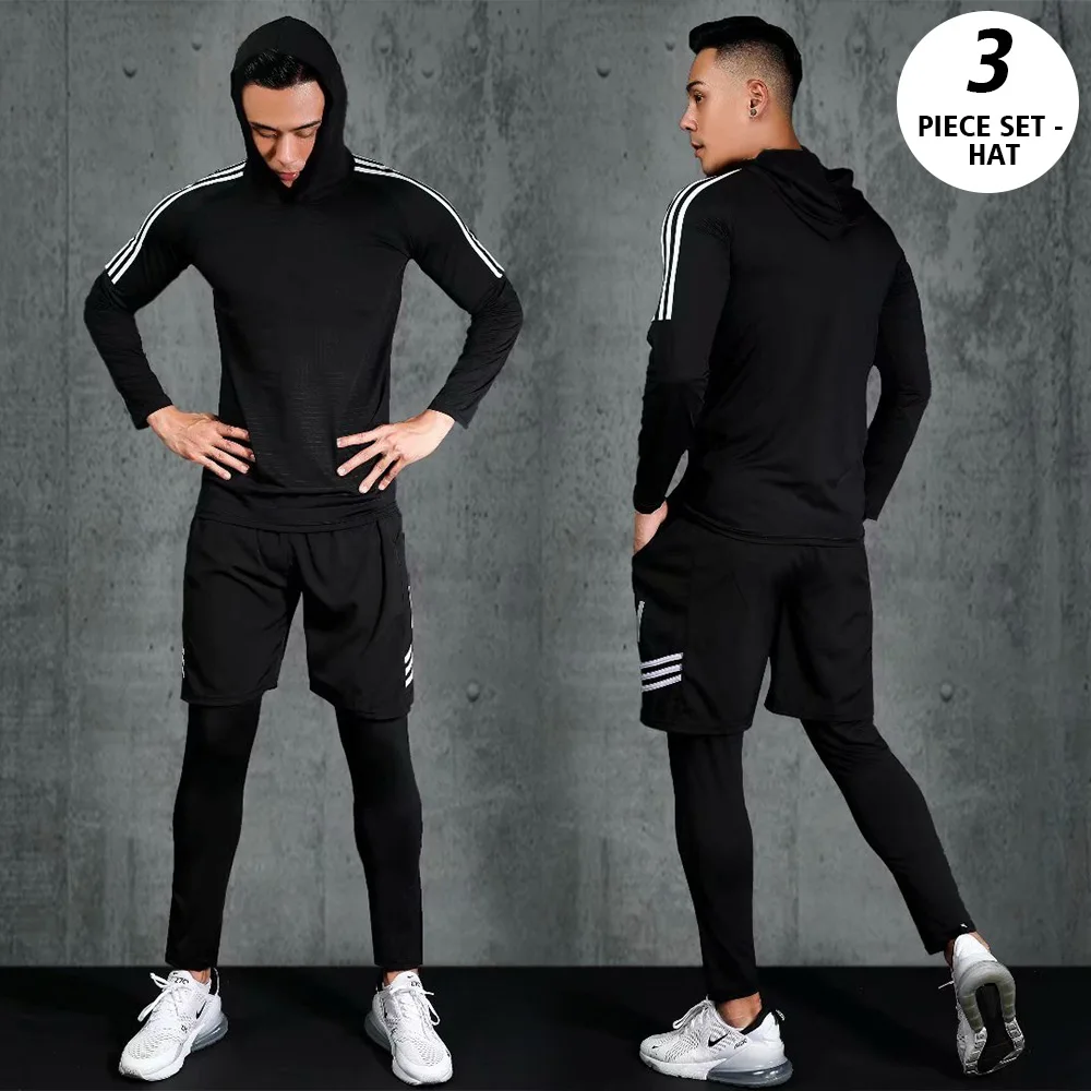 3-piece set - black Комбинезон, шапка, компрессионная для бега тренировки, костюм, мужской спортивный костюм, одежда, костюм для бега, мужская спортивная одежда для пробежек, тренировок, тренажерного зала - Цвет: 3-piece set - black
