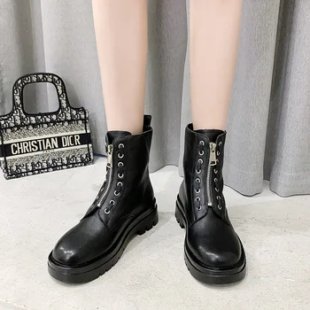 

Women Boots Motorcycle Martins Genuine Leather Platform Zipper 2020 Fashion Casual Retro Punk Goth Spring Autumn Chaussure Femme