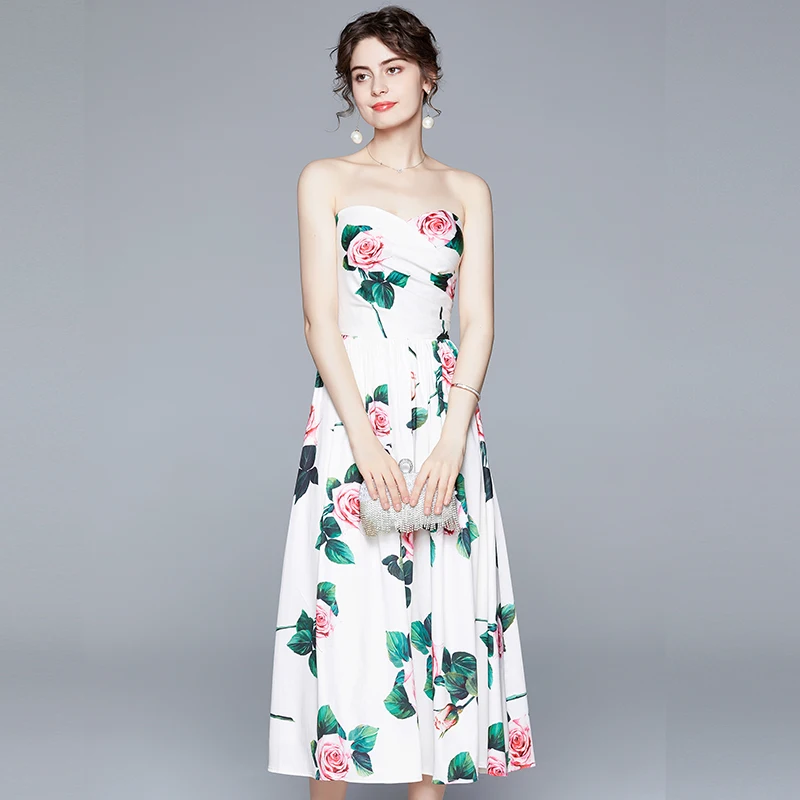 Elegant Strapless Floral Printed Midi Dress in Dresses