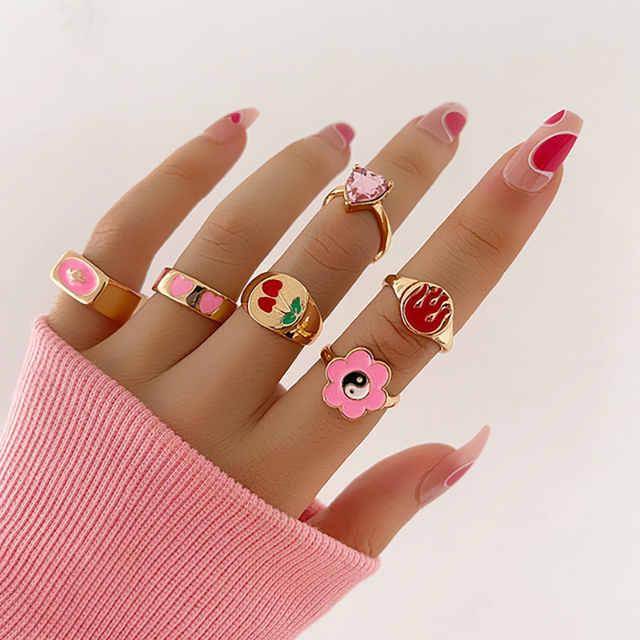 Colorful Enamel Finger Ring Set For Women Heart Butterfly Flower Crystal Kunckle Rings Fashion Lady Party Jewelry
