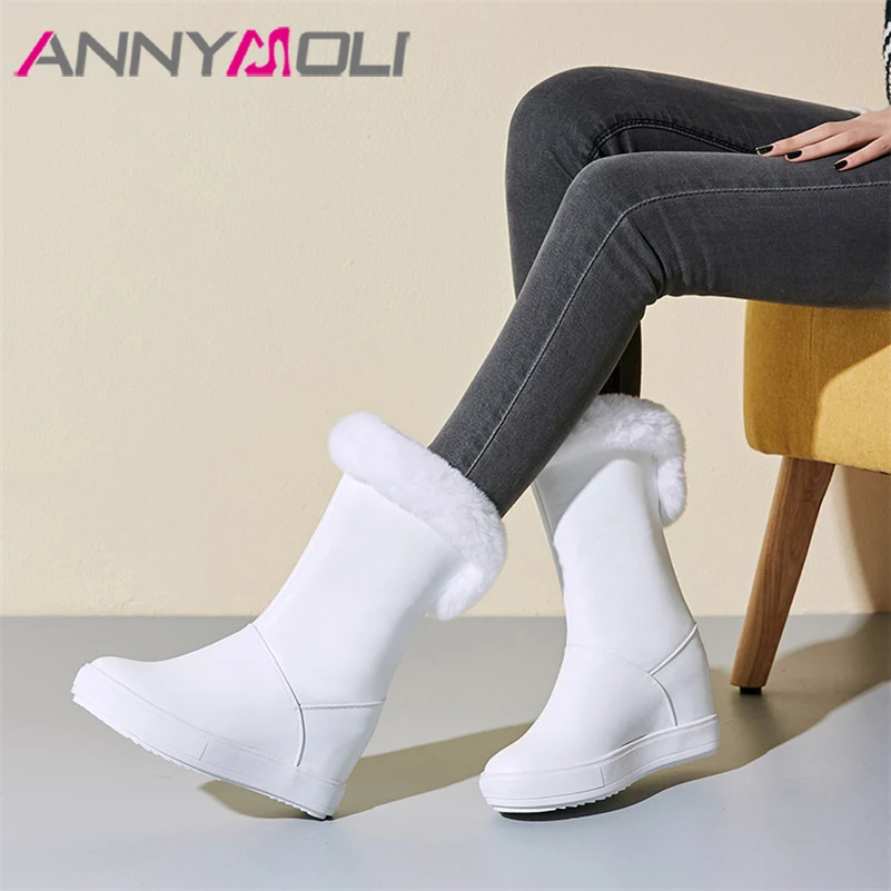 

ANNYMOLI Winter Snow Boots Women Real Fur Height Increasing High Heels Ankle Boots Warm Plush Round Toe Shoes Female Size 34-39