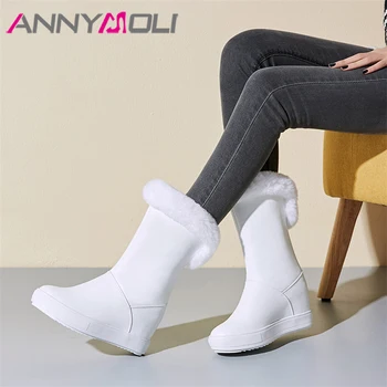 

ANNYMOLI Winter Snow Boots Women Real Fur Height Increasing High Heels Ankle Boots Warm Plush Round Toe Shoes Female Size 34-39