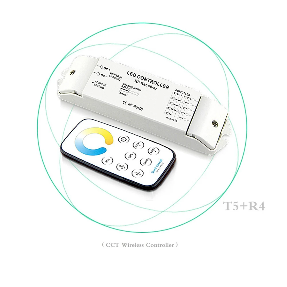 Bincolor T5+ R4 CCT сенсорный контроллер CW-NW-WW Светодиодная лента контроллер RF беспроводной пульт дистанционного DC12V-24V 5A* 4CH