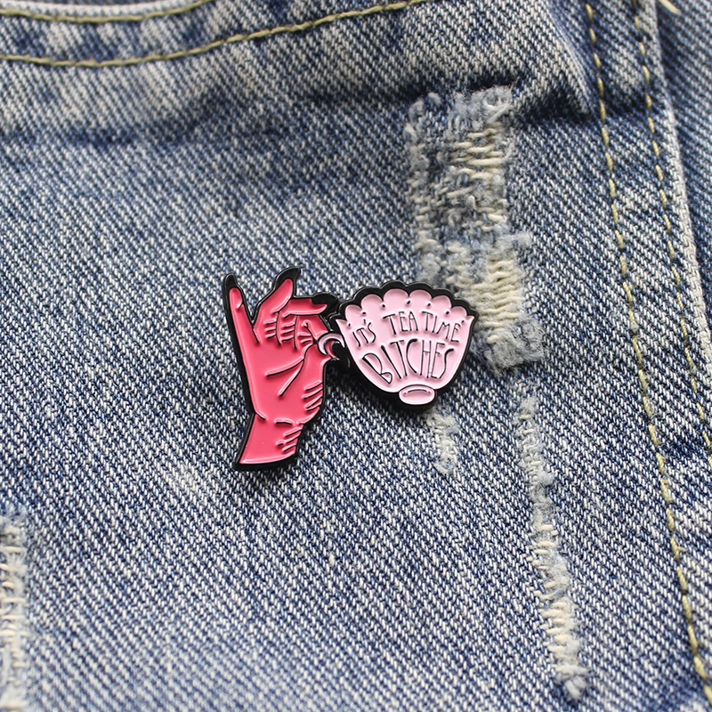 Red horror ghost hand coffee cup Enamel Pin Long black nails it's tea time bitches Brooches Punk Badge jewelry gifts for friend |