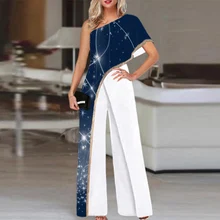 

Wide Leg Pants VONDA Women Sexy One Shoulder Palazzo Pants Pantalon Dungaree Casual Shorts Sleeve Office Overalls Jumpsuits