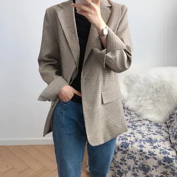 

Autumn Turn-Down Collar Houndstooth Blazer Coat Plaid Women Single Breasted Loose Suit Jacket Casual Cardigan Outwear