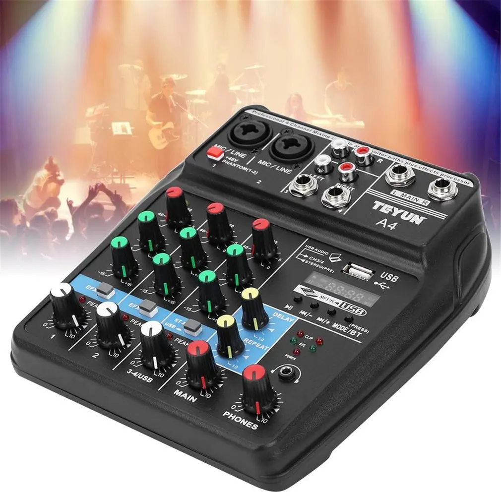 

2020 A4 Sound Mixing Console with Bluetooth Record Mini Audio Mixer with USB Professional 4 Channels DJ Karaoke KTV Meeting