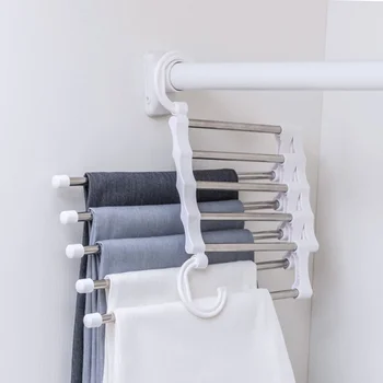 

5 in 1 Stainless Steel Magic Pants Rack Multi-function Folding Multi-layer Storage Rack White Home Garden