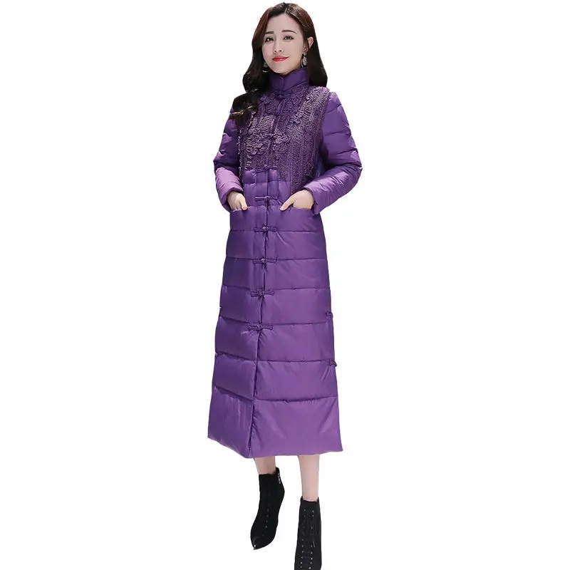 Китайский стиль ретро зимняя куртка женская стоячий воротник Длинные парки дамское Зимнее Пальто однобортное Фиолетовое Женское пальто C5968