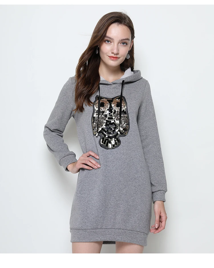 Осенне-зимнее плотное женское мини-платье больших размеров 5xl 4XL 3XL-l серое повседневное офисное платье с капюшоном и длинным рукавом с аппликацией vestidos robe