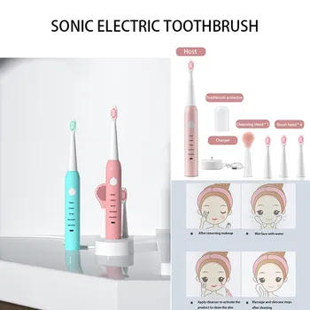 

New USB Waterproof Rechargeable Face Cleansing Sonic Smart Electric Toothbrush With 4 Replacement Toothbrush Heads