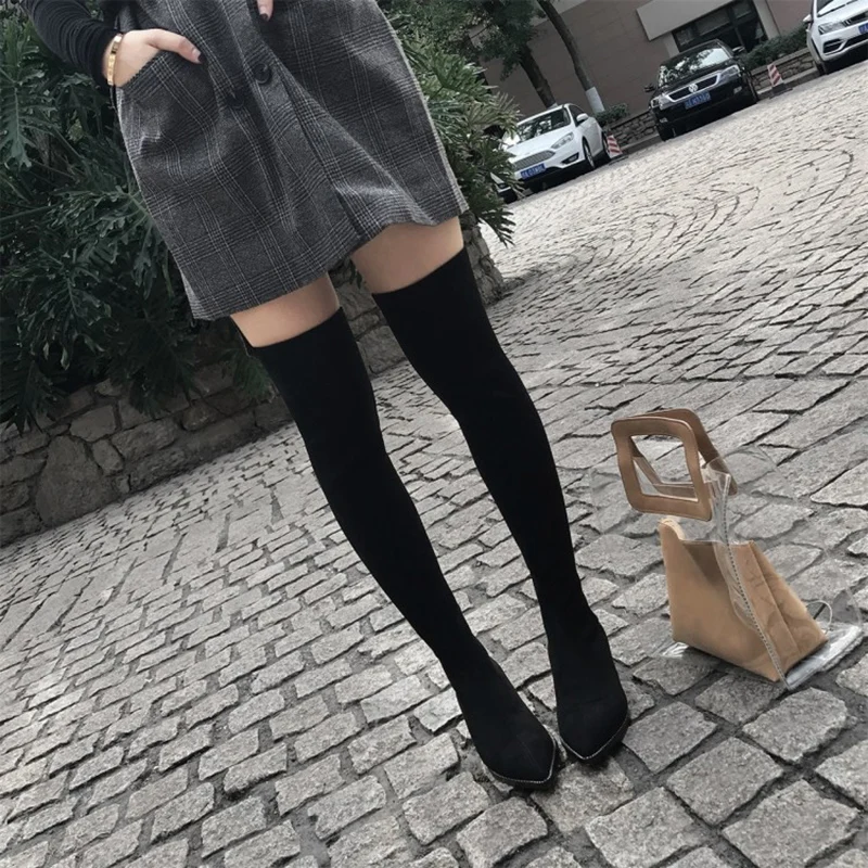 thigh high slip on shoes suede slim women boots pointed toe fashion crystal diamond chunky over the knee rhinestone black