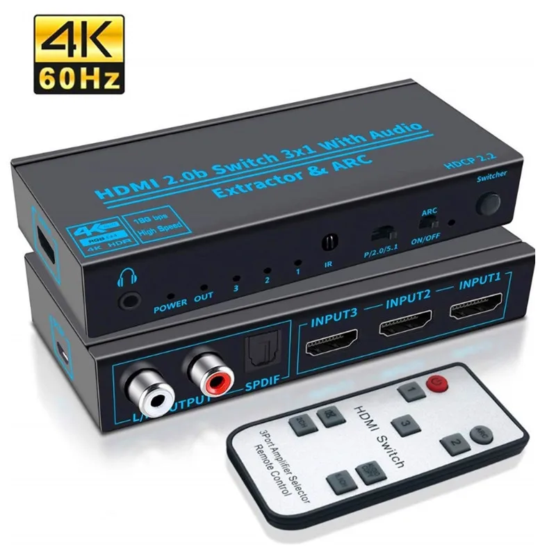 Interruptor HDMI 2,0 de alta resolución, 4K, Full HD, 3 en 1, salida con Extractor de Audio, compatible con ARC