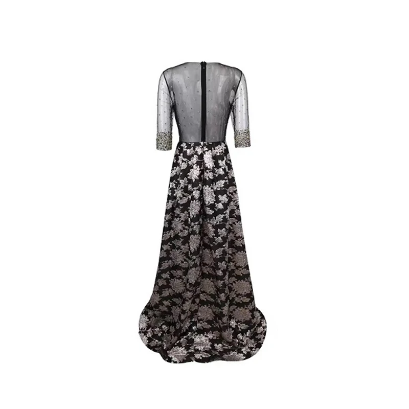 Элегантное черное платье с коротким рукавом, украшенное бисером, с цветочным узором, Сетчатое женское Макси-платье