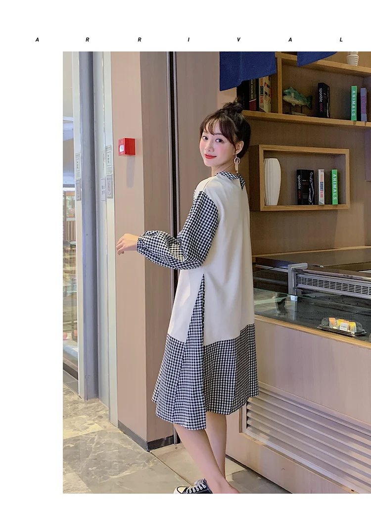 Spring Maternity Dress Long Lantern Sleeve Bow Collar Plaid Patchwork Cotton A-Line Dress Pregnant Women Linen Dress Sweet