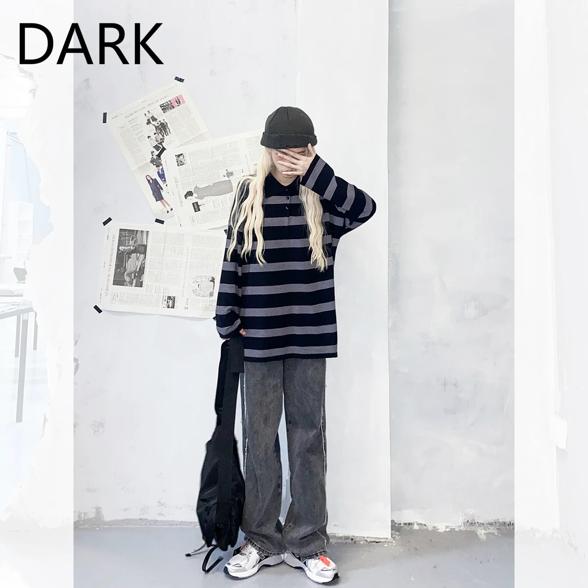 

DARK Striped Sweater Women's 2020 Fall New Harajuku Style Loose Polo Shirt Thin Long-sleeved Top