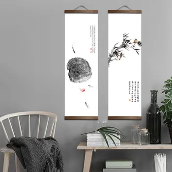 중국 스타일 꽃 녹색 식물 물고기 캔버스 장식 그림, 상점 침실 거실 벽 예술, 단단한 나무 스크롤 그림 상품 이미지