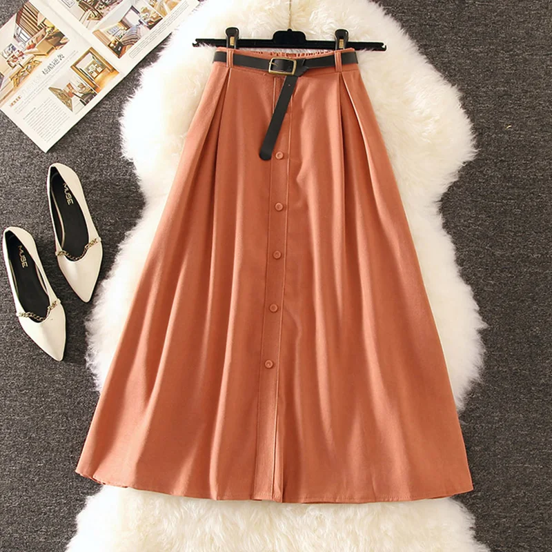 

Caramel,Black,Blue,Khaki Knitted Skirts Japan Students Saia Autumn Women Single Breasted High Waist Long Skirts Buttons