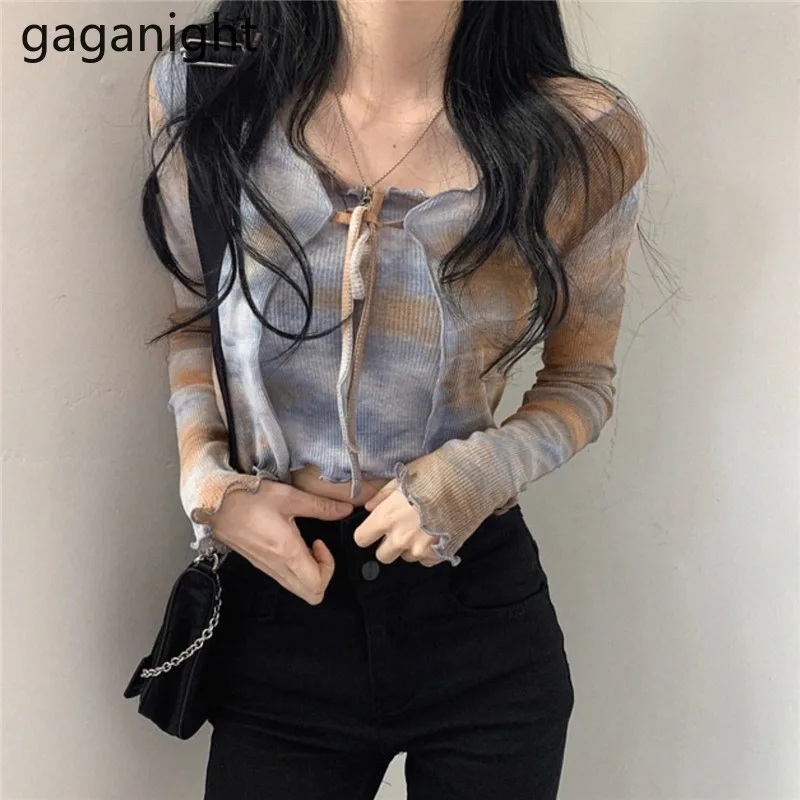 Gaganight Women Two Pieces Set Tie Dye Short Sexy Knitted Stretchy Lady Strapless Tube Tops Cardigan Spring Autumn Chic Korean | Женская