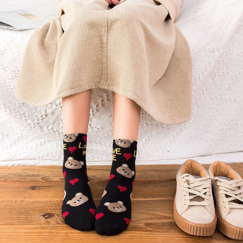 

2020 New Cartoon Women's Breathable Cotton Socks Cute Bear Lovely Animal Pattern Girl Sock Combed of Pure Cotton Female Socks