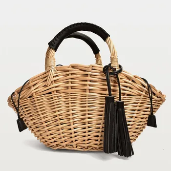 

Wicker handmade straw bag women's tassel hand basket bag straw rattan bag