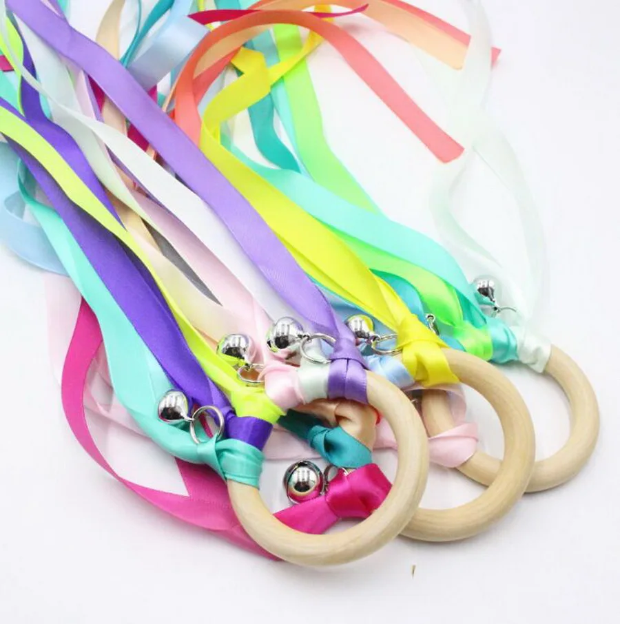 

DHL 100pc Rainbow Color Stain ribbon Wooden Ring Ribbon With Bell Hand Kite Toy FLY ME Birthyday Party Craft Toy