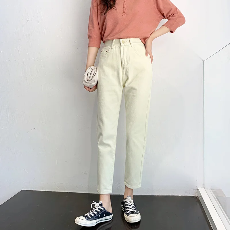 9803 Hyuna, корейский стиль, свободные, стройнящие прямые брюки, женские, с высокой талией, Ретро стиль, белые джинсы, Капри, модные, Aut