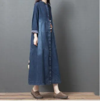 

2019 Autumn And Winter New Style Large Size Dress Slimming-Style Long Long Sleeve Denim Skirt Dress