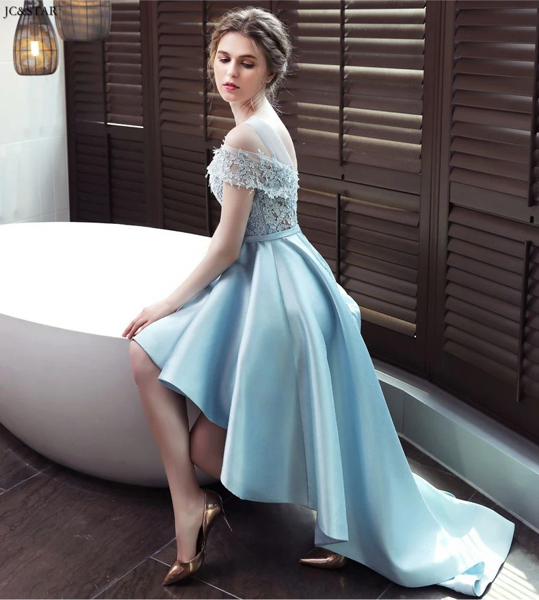 Vestidos de damas de honor Черпак шеи кружева атласа короткий рукав Небесно-Голубой Высокий Низкий платья невесты длинное свадебное платье для гостей