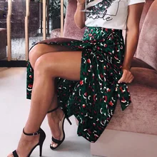 Винтажные леопардовые длинные юбки с принтом женская юбка миди с высокой талией галстук-бабочка Летняя Сексуальная юбка с разрезом женская зеленая Пляжная