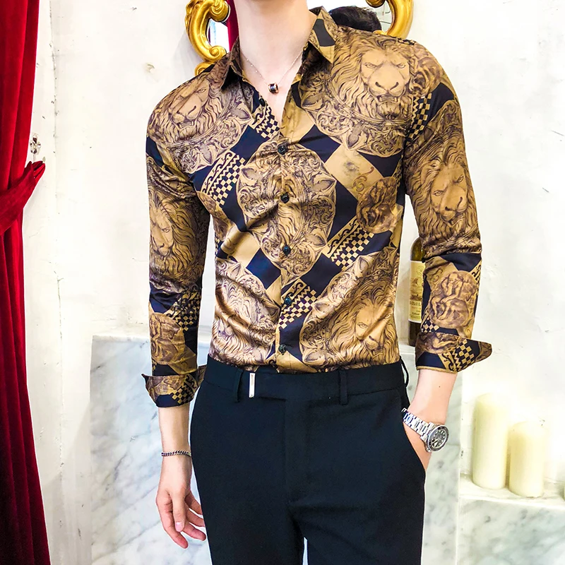 Luxury Golden Casual Shirt Men Long Sleeve Shirt Dress Slim Fit Tuxedo Shirts Male Fashion Streetwear Social Night Club Shirt photo